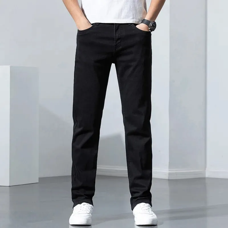 2026 Summer Spring New Men's Pure Black Slim Jeans Elastic Straight Pants BusinessLeisure Korean Vintage Denim Pants Male — image 4