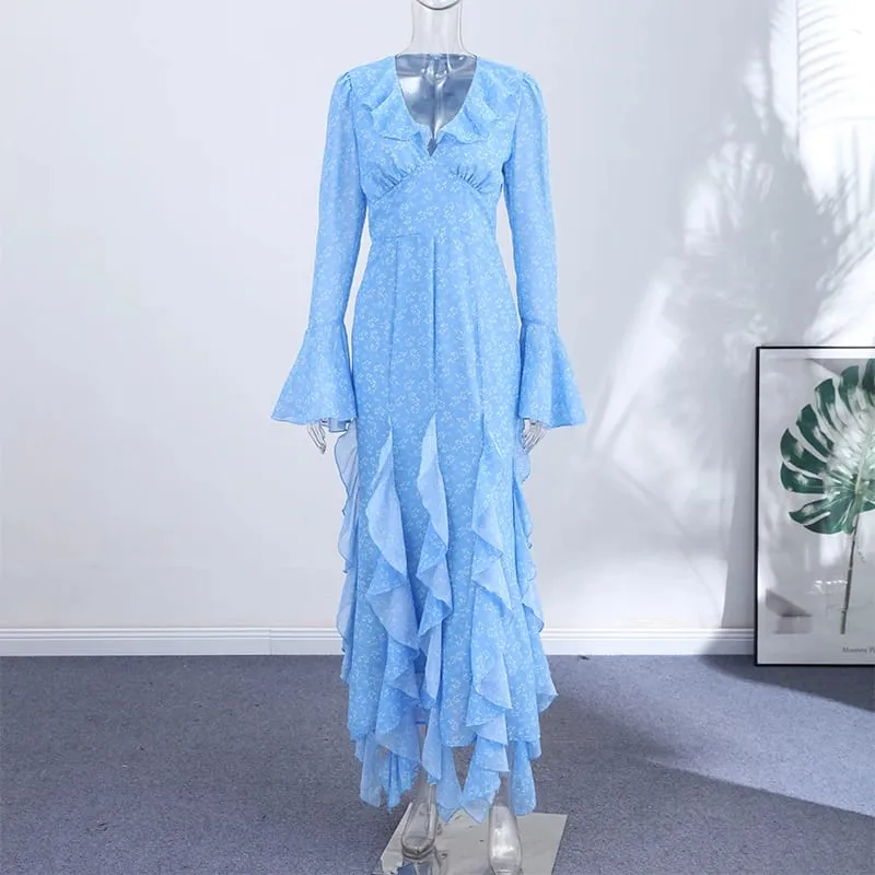 Women Printed V Neck Long Dress Flared Sleeve Lotus Leaf Edge High Waist Slim Fit Maxi Dresses Lady Elegant Evening Party Dress — image 4