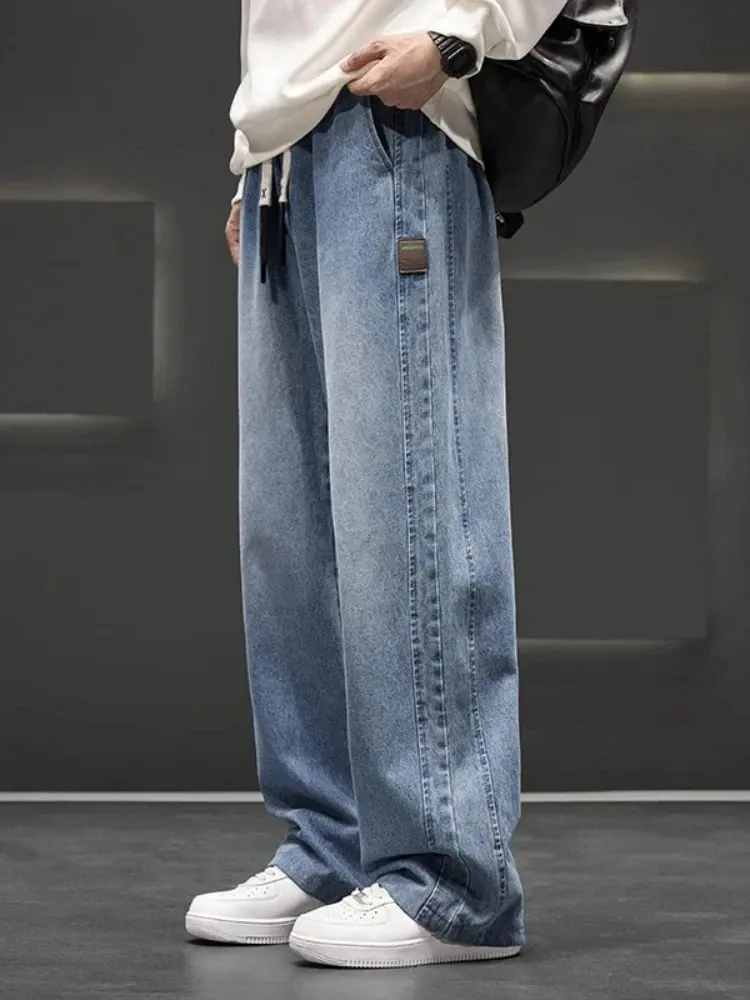 Spring New Wide Jeans Men Straight Vintage Drawstring Trousers Loose Pants Casual Solid Color Fashion Pants Big Size — image 4