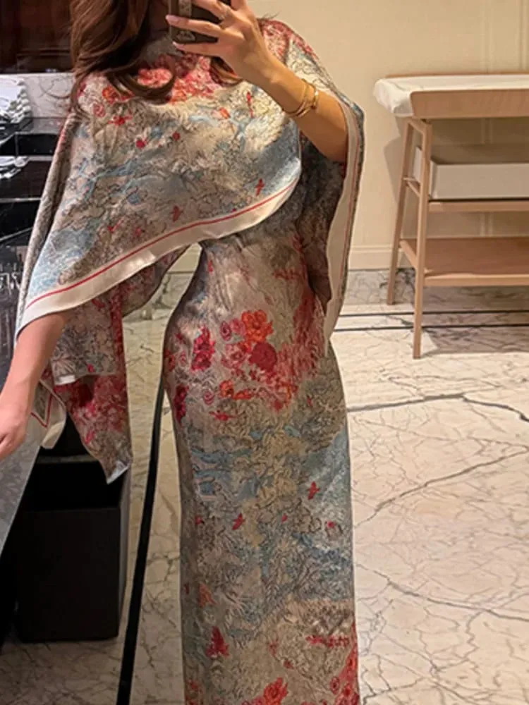 Women Tropical Leaf Print Cape Two Piece Set Batwing Loose Top High Waist Maxi Dress 2026 Summer Fashion Vacation Casual Suit — image 4