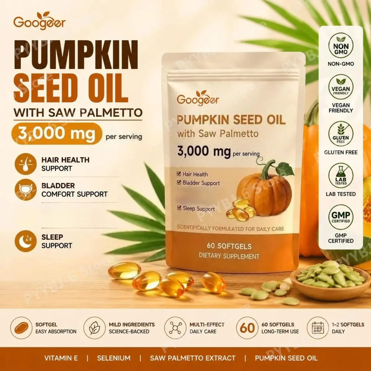 Googeer Pumpkin Seed Oil Softgels with Saw Palmetto 3000mg Hair Health Bladder Comfort Sleep Support Supplement 60 Softgels — image 1