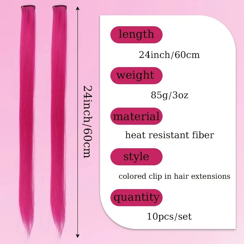10Pcs Pink Clip in Hair Extensions Party Highlights Wig Synthetic Colored Straight Hairpiece for Girls Kids Christmas Party Use — image 3