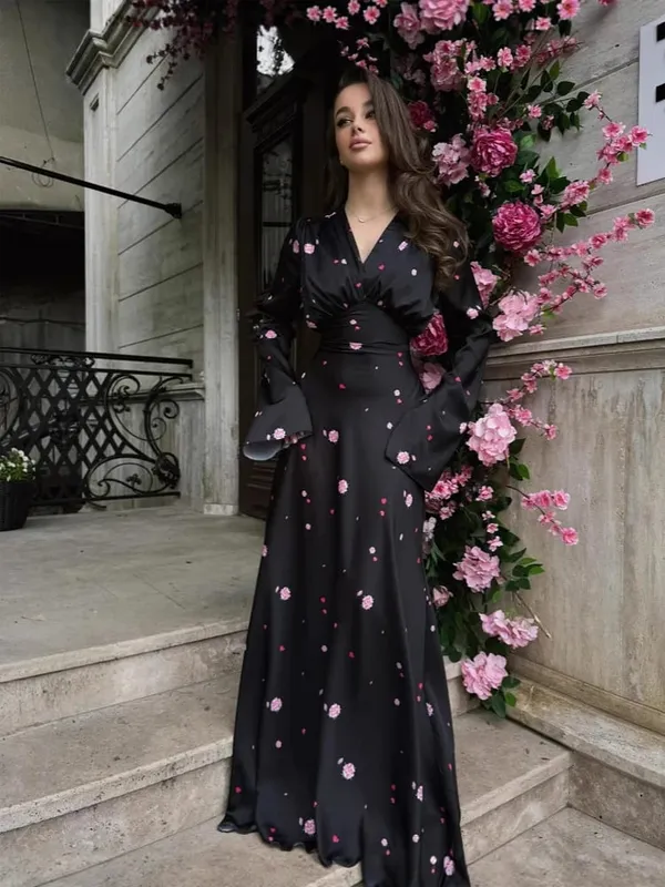 Women Chic Pink Floral Print Maxi Vestido Elegant V Neck Ruffle Trim Flare Sleeve Ruched High Chiffon Dress 2026 Party Outfit — image 14