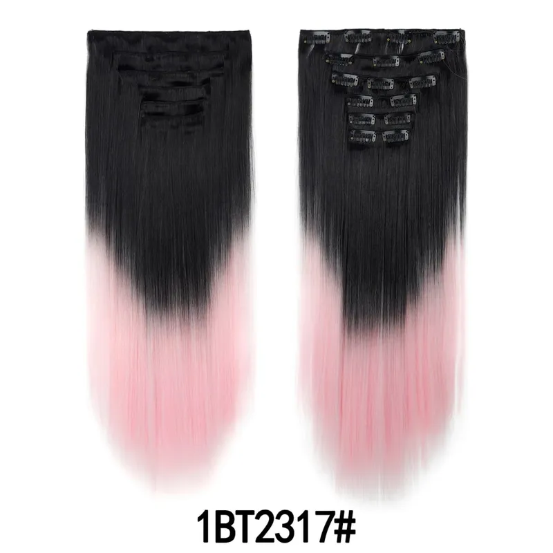 6PCS/Set Clip In Hair Extensions Long Straight Hair Full Head Ombre Gradient Color Synthetic Hairpiece For Women Daily Use