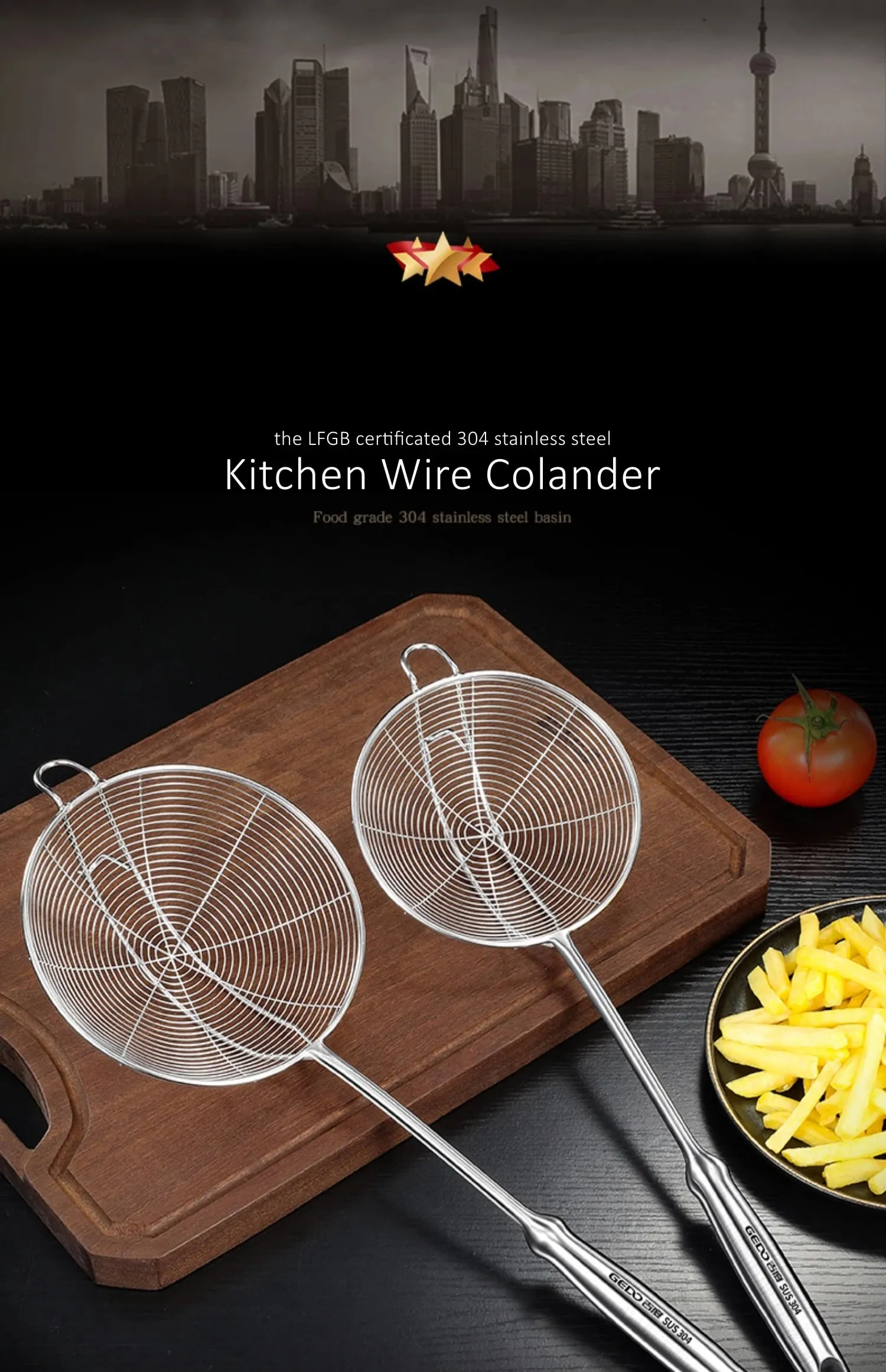 LFGB Certification 304 Stainless Steel Kitchen Cooking Colander Ultra Durable Wire Sieve 14~18cm Diameter Frying Scooping Tool — image 8