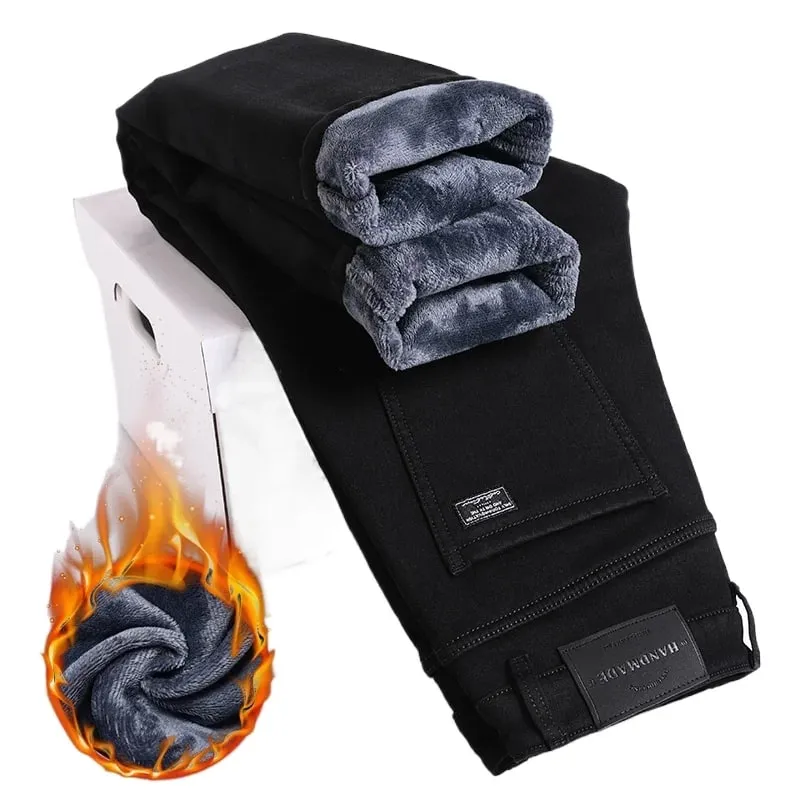 2027 New In Slim Straight Elastic Denim Winter Fleece Thick Warm Jeans Men's Pants Casual Male Clothing Fashion Plush Trousers — image 6
