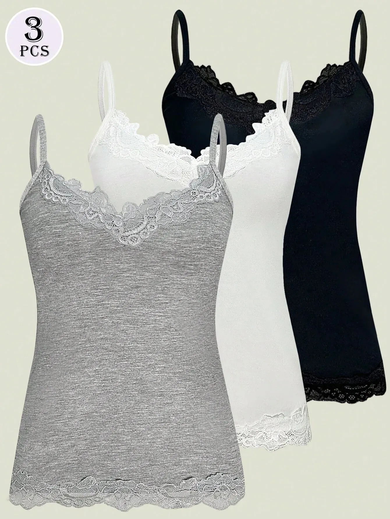 3 Pack Multi-color Women Lace Trim V Neck Spaghetti Strap Slim Fit Long Cami Top 2026 Summer Basic Casual Solid Color Sleeveless