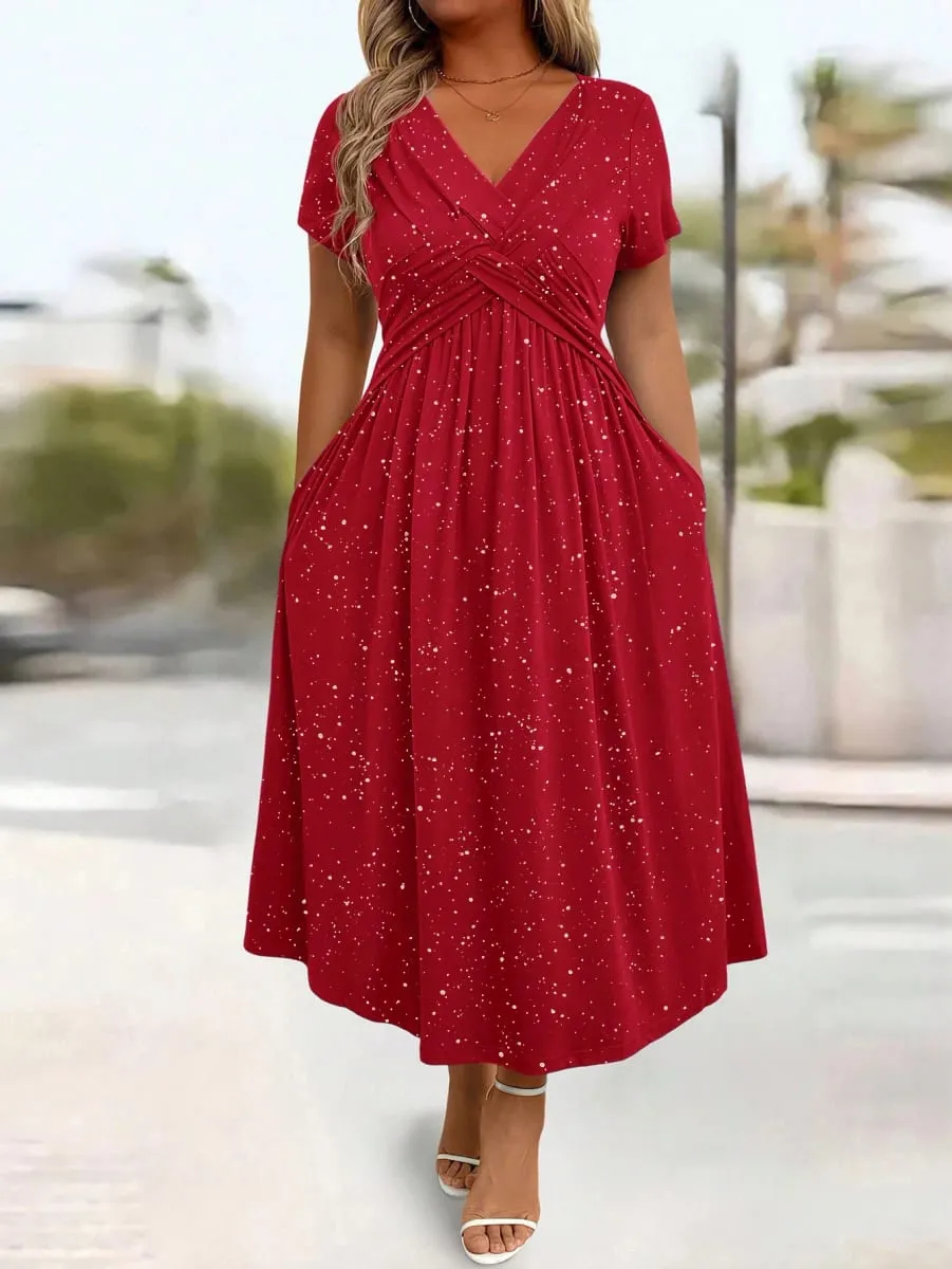 Ladies' elegant plus size powder sprinkled shiny twisted knot with pockets V-neck dress — image 1