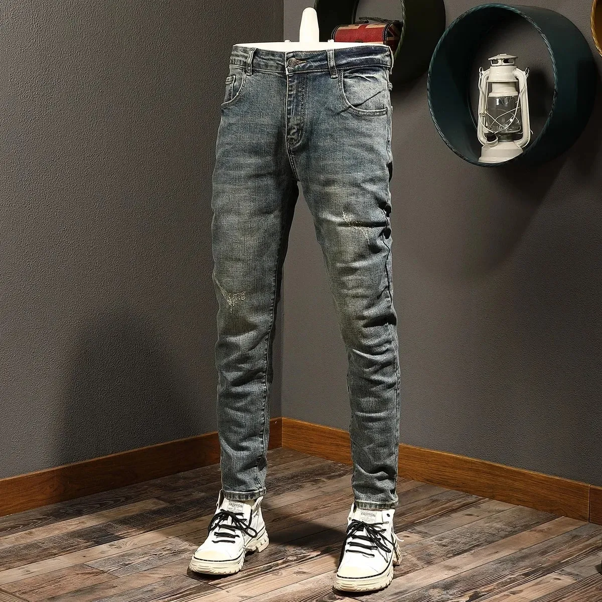 Classic minimalist retro blue jeans men's stretch slim fit 2025 autumn street fashion nostalgic small leg pants