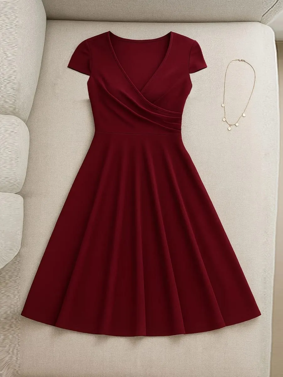 Women's Elegant Round Neck Summer Short Sleeve Solid A-Line Knee-length Dress High Waist Swagger Party Wedding Casual Departure — image 6