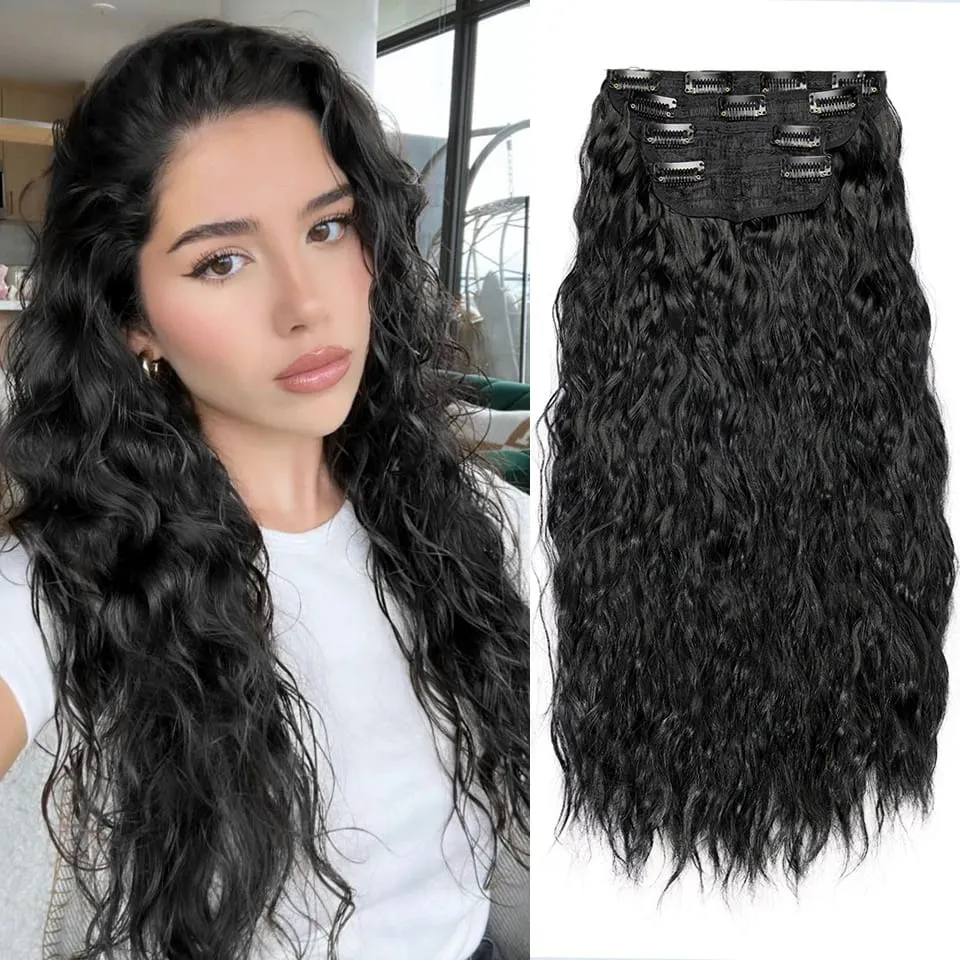 4PCS set Clip in Hair Extensions Natural Black Corn Wavy 20'' Long Curly Thick Synthetic Hairpieces for Women Girls Daily Party — image 2
