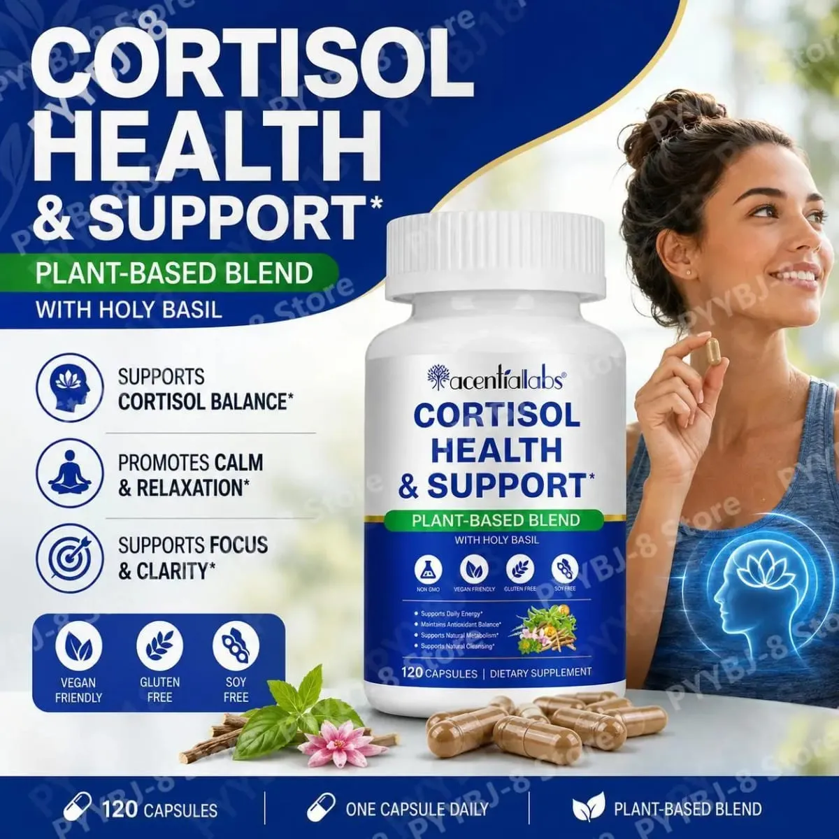 AcentiaLabs Cortisol Health & Support Capsules with Holy Basil Ashwagandha and Magnesium for Calm Stress Balance 120 Capsules — image 2