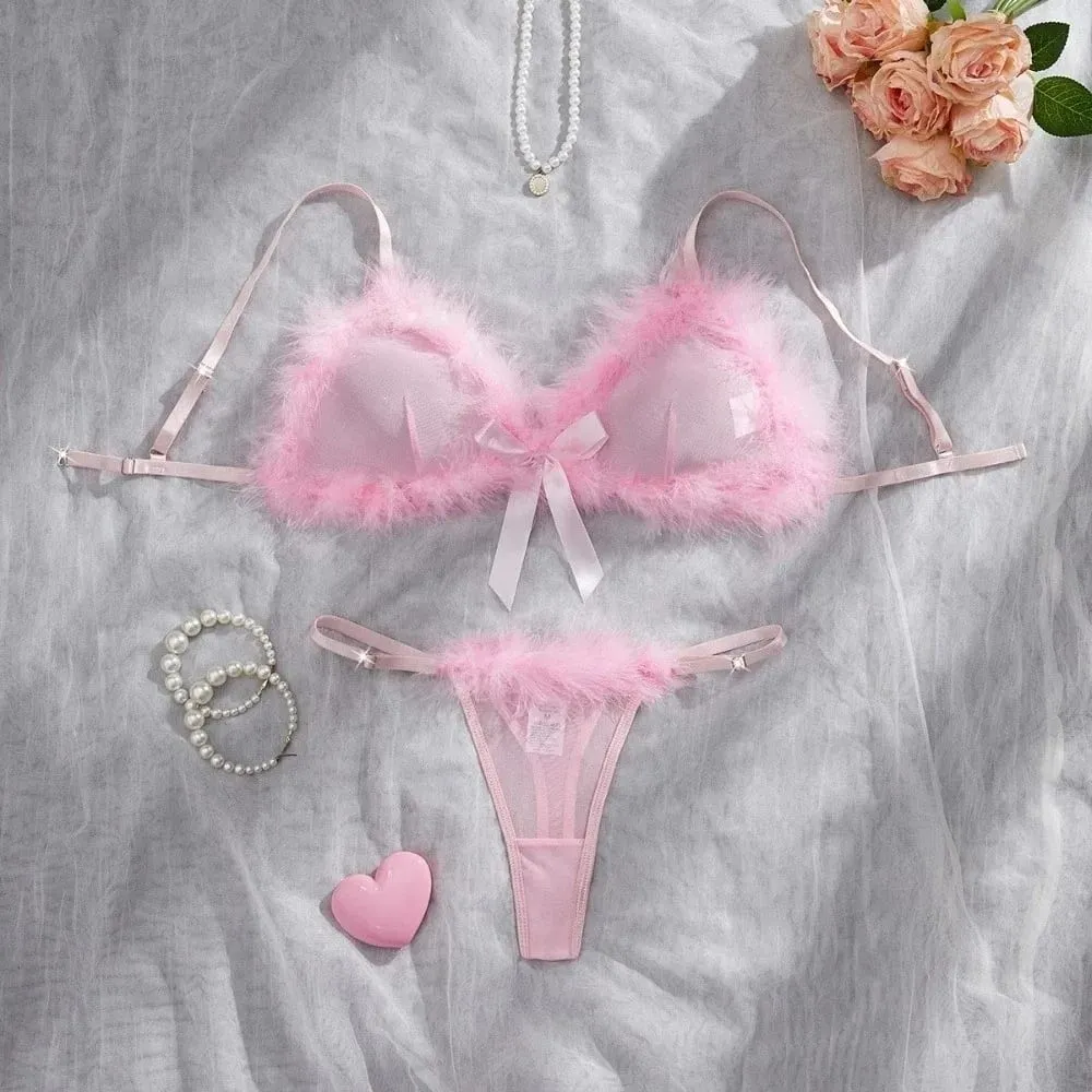 New Year Furry Women's Underwear Wireless Bow Decor Lingerie Set Romantic Intimate Mesh Transparent Bra Panties Suit Home — image 4