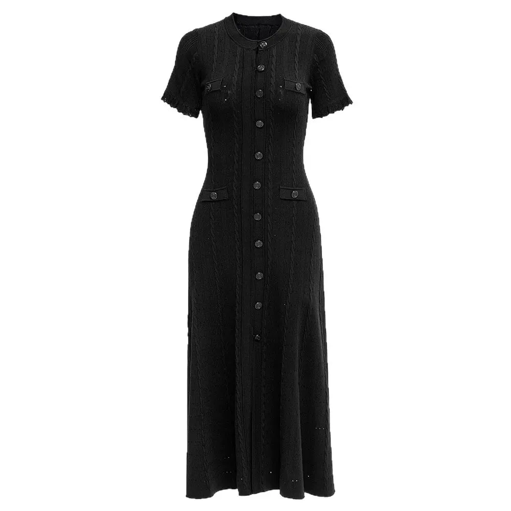 Elegant Knitted Dress round Neck Short Sleeve Hollow out Long Dress Ribbed Single Button Knitted Dress Fashionable Commute Style — image 6