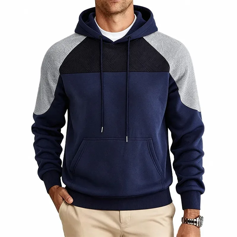 Autumn Winter Men Color Block Raglan Hoodie Textured Chest Panel Drawstring Kangaroo Pocket Loose Casual Streetwear Sweatshirt — image 34