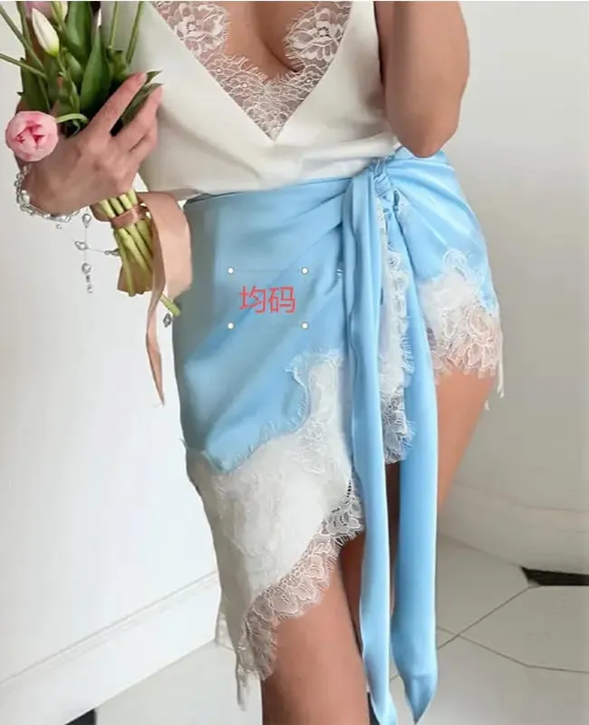Satin Lace Patchwork Dress Women Long Sleeve O-neck Casual 2026 Spring Female Dresses Casual Solid Beach Robe Not Contain Pearls — image 13