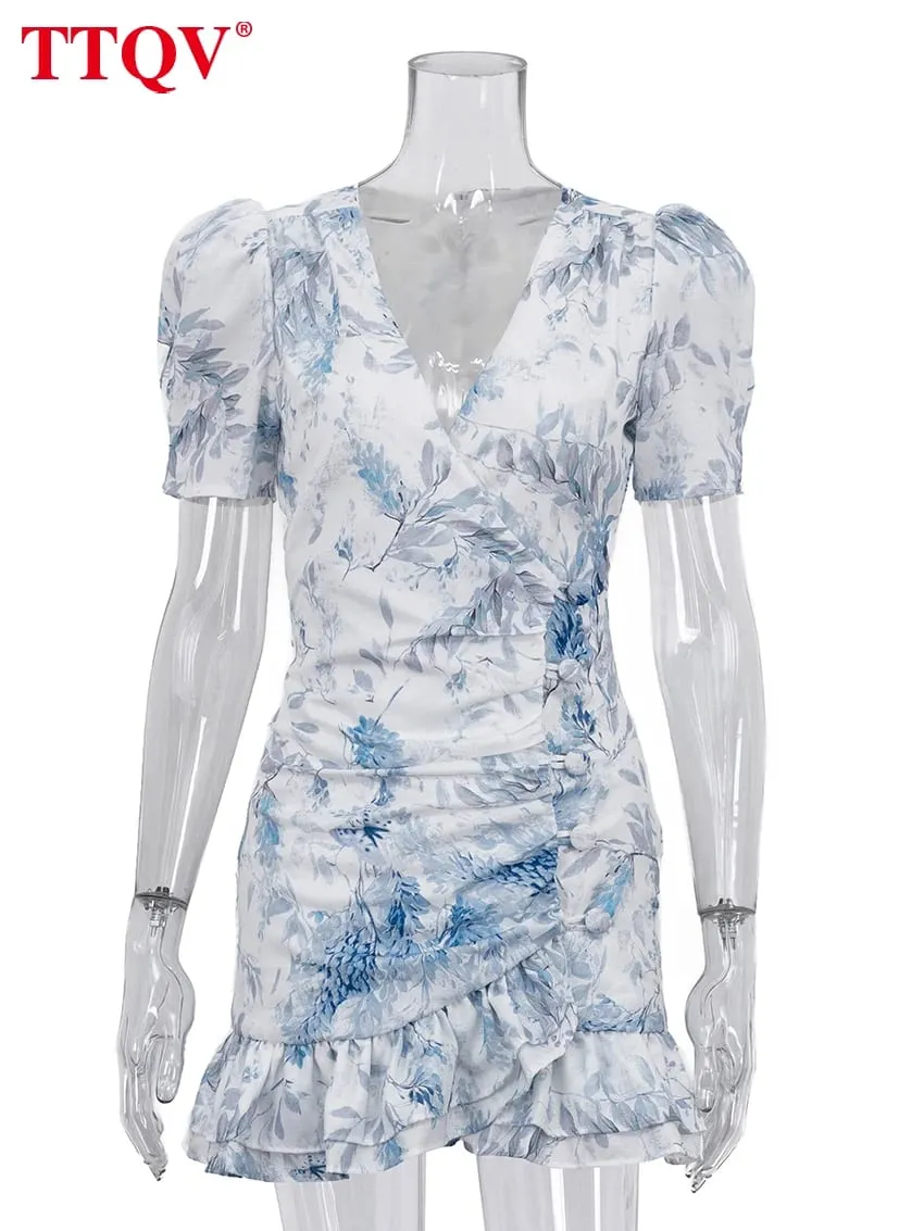 Sexy Slim Print Women's Dress 2026 Summer V-Neck Short Sleeve Mini Dresses Elegant Classic Ruffles Female Dress Streetwear — image 5