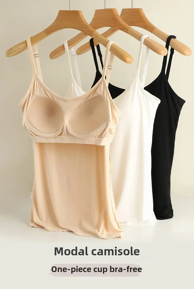 3XL For 45-85kg Modal Plus Size Camisole Tank Top With Fixed Cup Women's Chest Padded Outer Wear Bottoming Underwear Wear-Free
