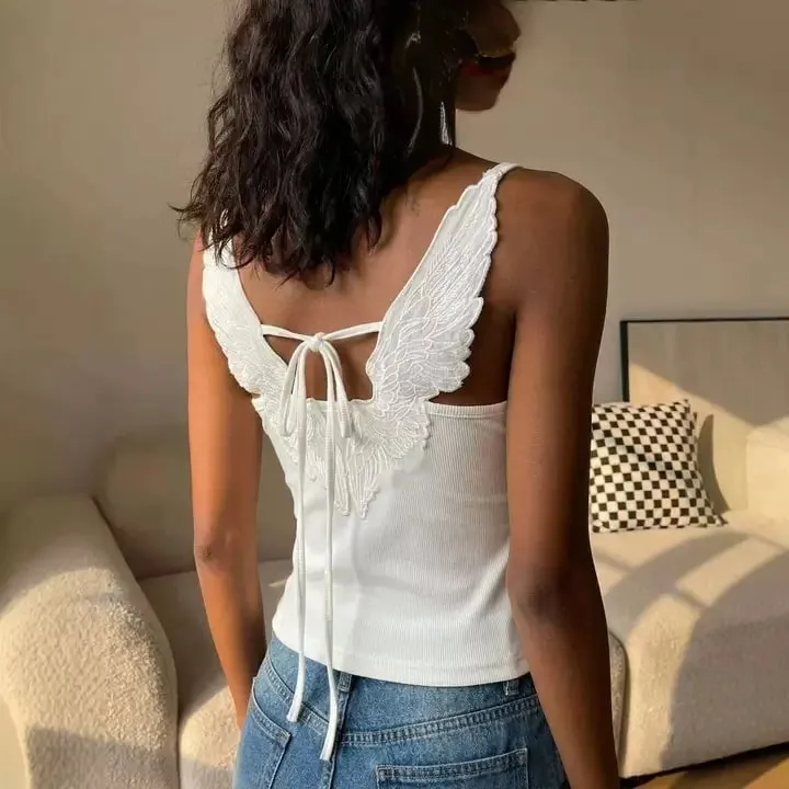 White Angle Wings Embroidered Camis Y2K Sexy Sleeveless Backless Bow-Tie Straps Slim Vest Woman Summer Tank Top — image 4
