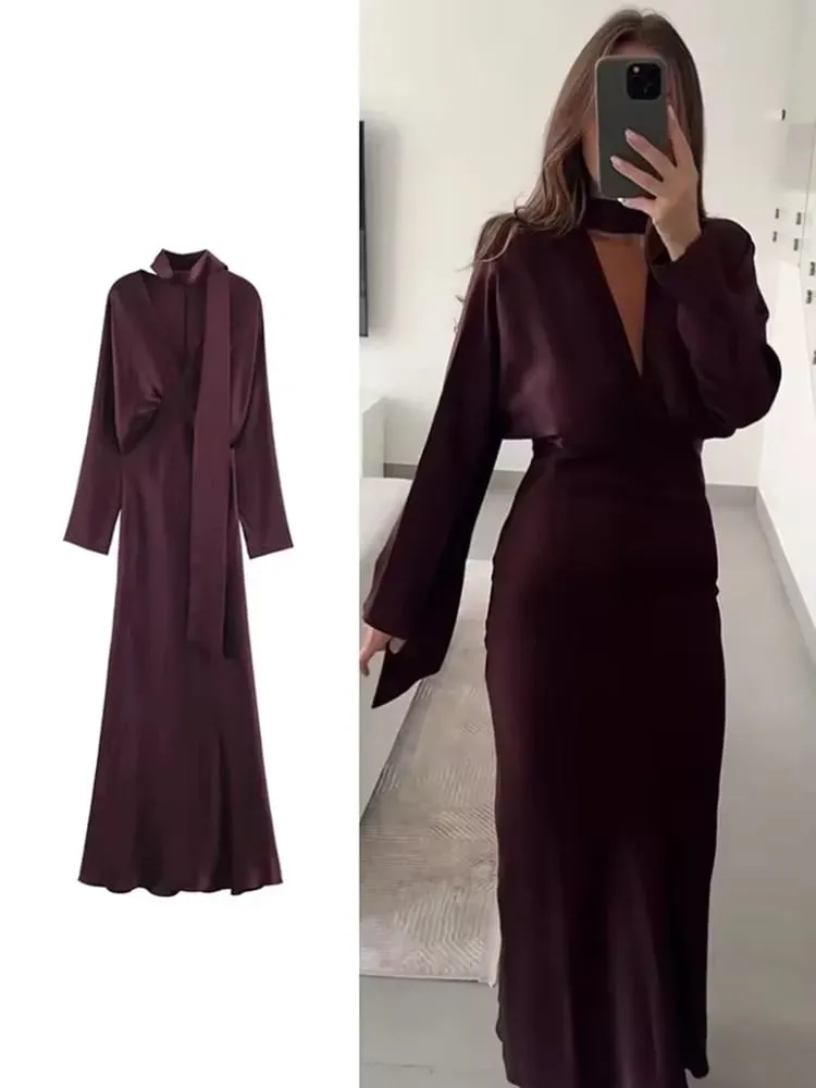 2026 New Scarf Solid Elegant Maxi Dresses Women Spring V Neck Long Sleeve Club Party Long Dress Female Chic Slim Fit Dresses — image 2