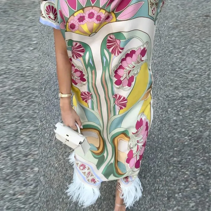 Printed Spliced Feather Tassel Hem Dress Half Sleeve O-neck Loose Maxi Dresses 2026 Summer Fashion Elegant Party Women Outwear
