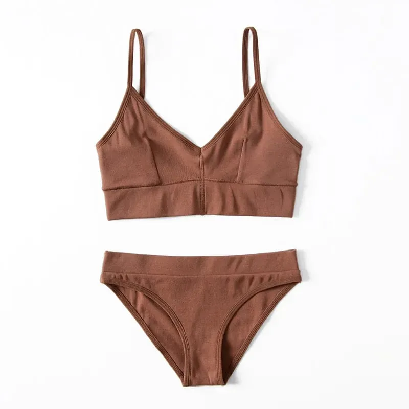 Women's Ribbed Wireless Bralette Set Solid Color Thin Strap Camisole Bra and Triangle Briefs Lingerie — image 6