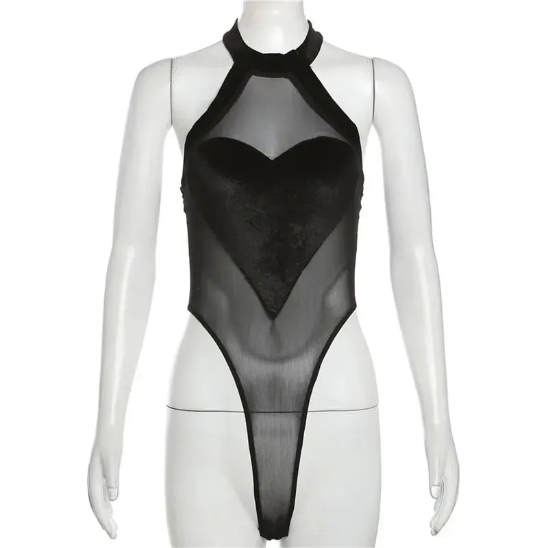 QQ Sexy Y2k Love Patchwork Slim Streetwear Jumpsuits Bodysuits Goth Mesh Velvet Sleeveless Halter Backless Bodycon Women Heart — image 7