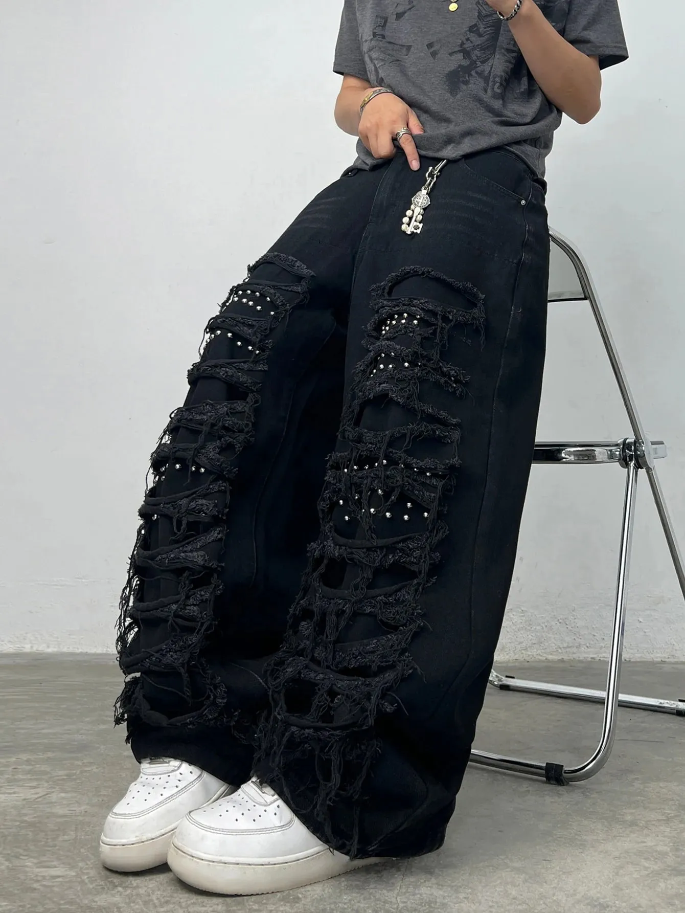 American High Street Double-Layer Patch Ripped Studded Design Black Men's Loose Jeans Y2K Street Hip-Hop Fashion Wide-Leg Pants — image 2