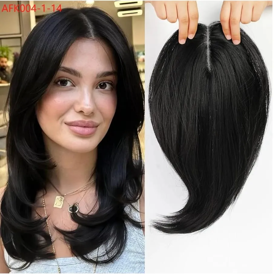 14 Inches Chestnut Brown With Blonde Layered Hair Topper with Bangs for Women Synthetic Swiss Base Hair Pieces Topper with Clips — image 7