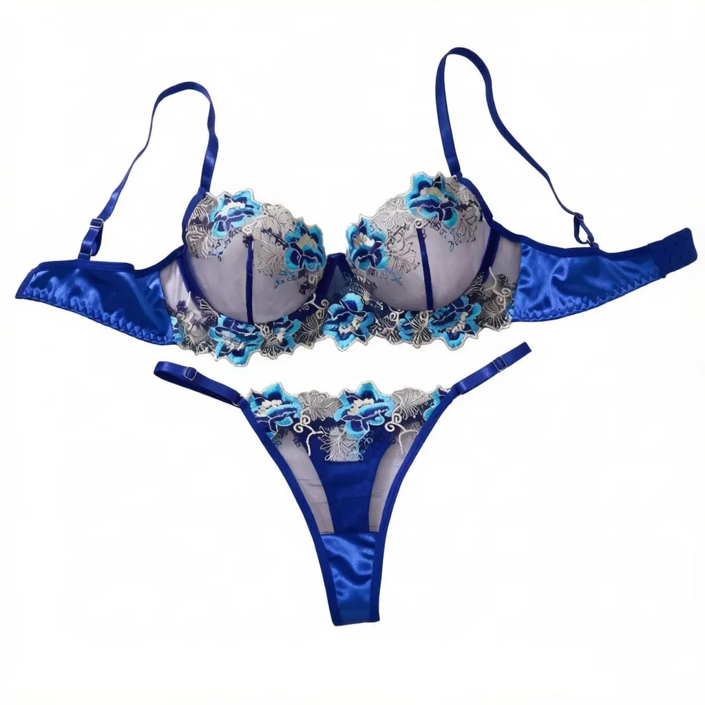 Royal Blue Floral Embroidery Satin Mesh Lingerie Set Underwire Bra With Matching Thong Women Sexy Intimates ZA825146 — image 1