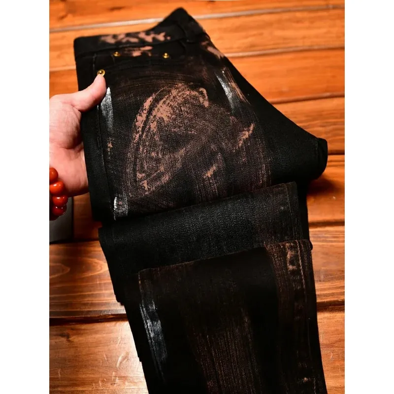 2025 Autumn Black Jeans Men's Inkjet Graffiti Printed Street Men's Clothing Nostalgic Trend High end Retro Denim Pants — image 1