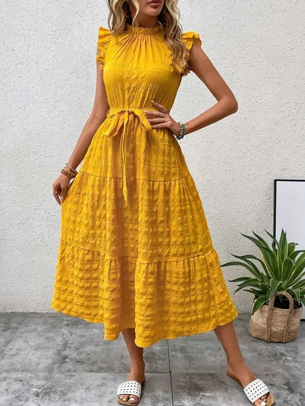 2026 Summer Fashion Flutter Sleeve Women Stand Collar Ruffles Solid Color Elegant Loose Long Dress Lace-up Texture Party Dresses — image 10
