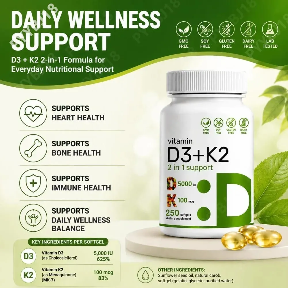 Vitamin D3 K2 Softgels with MK-7 5000 IU Vitamin D3 and 100 mcg Vitamin K2 for Daily Heart Bone & Immune Support 250 Softgels — image 2