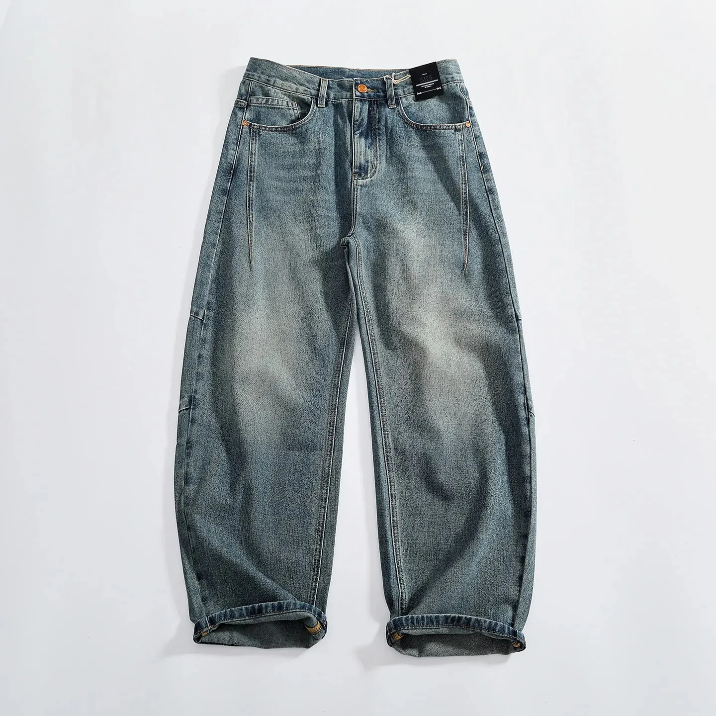 Retro distressed whiskering jeans for men three-dimensional split silhouette wide-leg loose denim trousers — image 2