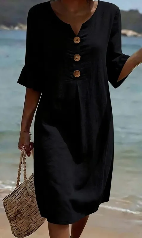 2026 Amazon European and American Cross-Border Spring and Summer New Cotton and Linen V-Neck Dress with Large Buttons and Ruffle — image 4