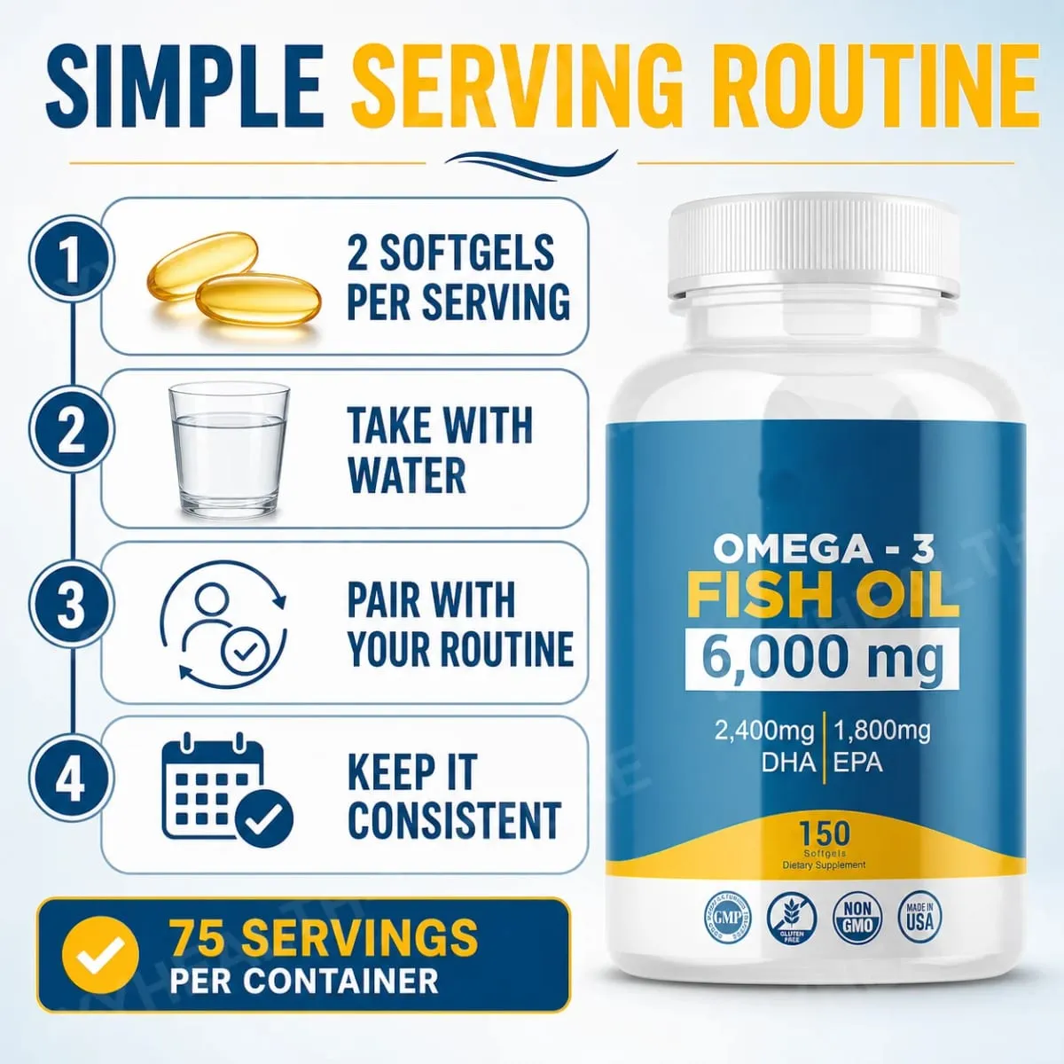 Omega-3 Fish Oil 6000mg Softgels High DHA EPA Formula 2400mg DHA 1800mg EPA Non-GMO 150 Capsules Heart Brain Nutrition Support — image 2