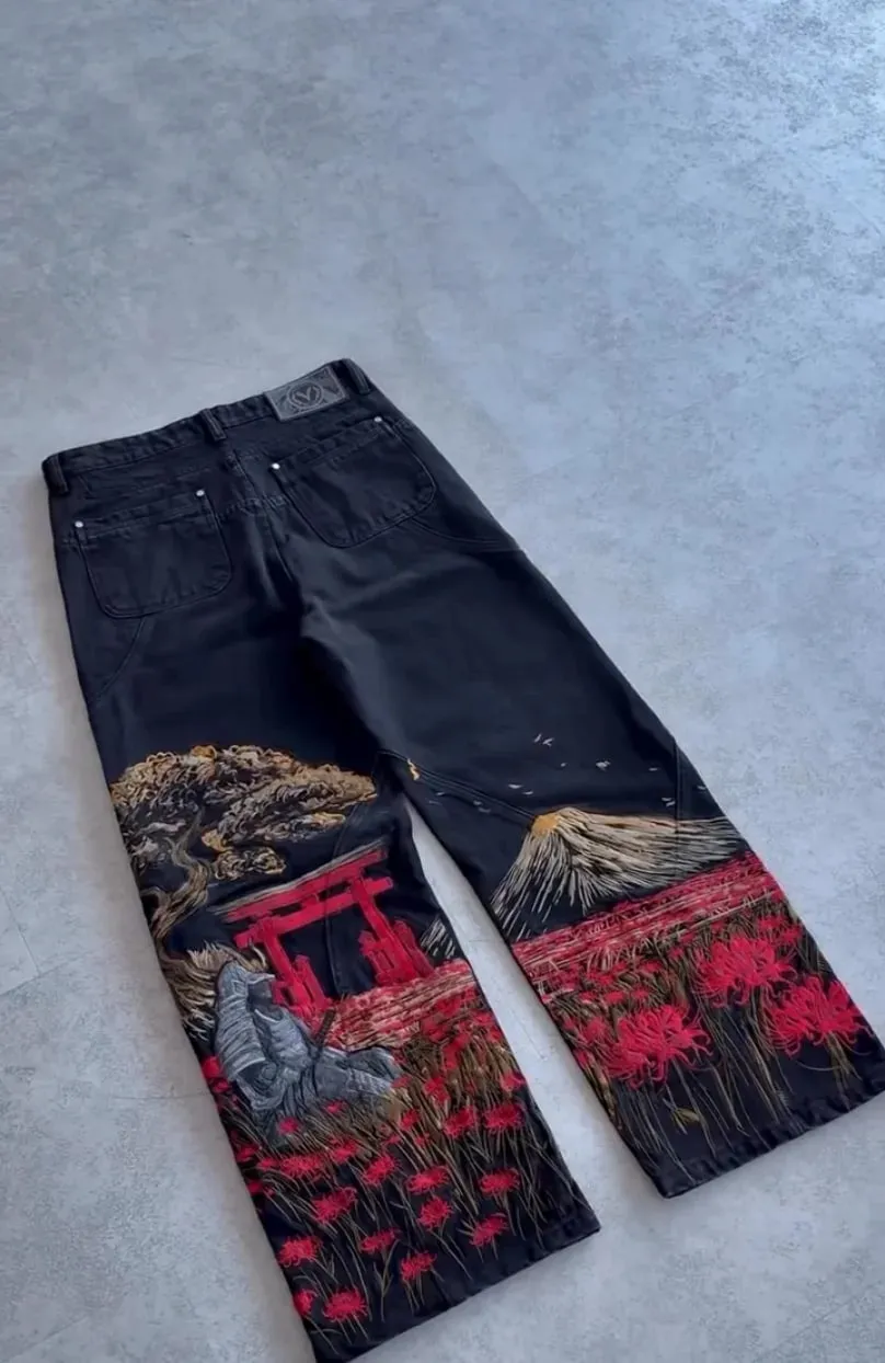 Samurai Embroidery Men Jeans Y2K Retro Harajuku Street Hip Hop High Waist Straight Pants Unisex Wide Leg Loose Denim Pants — image 5