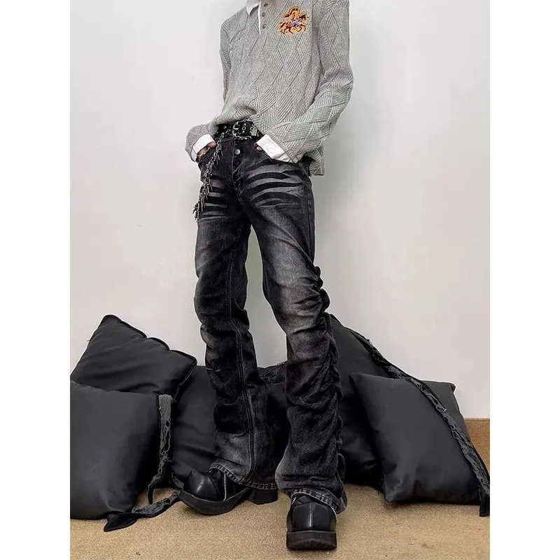 Spring Men's Flare Cargo Jeans Black Harajuku Japanese Low Rise Denim Pants Abi Y2k Bell Bottom American Retro Gyaru Bootcut New — image 5