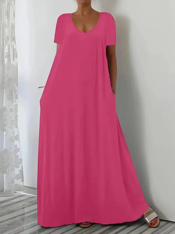 Plus Size Summer new long skirt casual loose short sleeved solid color V-neck plus size dress for women — image 6