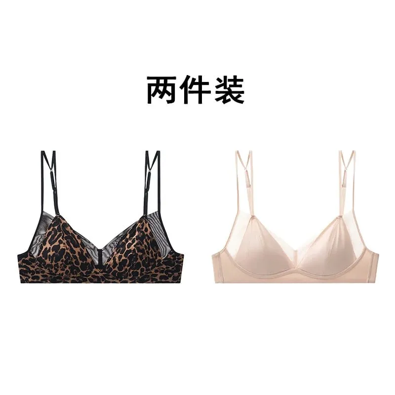 Modish Leopard Intimate Set Non-wire Thin Triangle Bra Breathable Summer Nude Fabric Small Chest Firm Gathering Womens Indoor — image 17