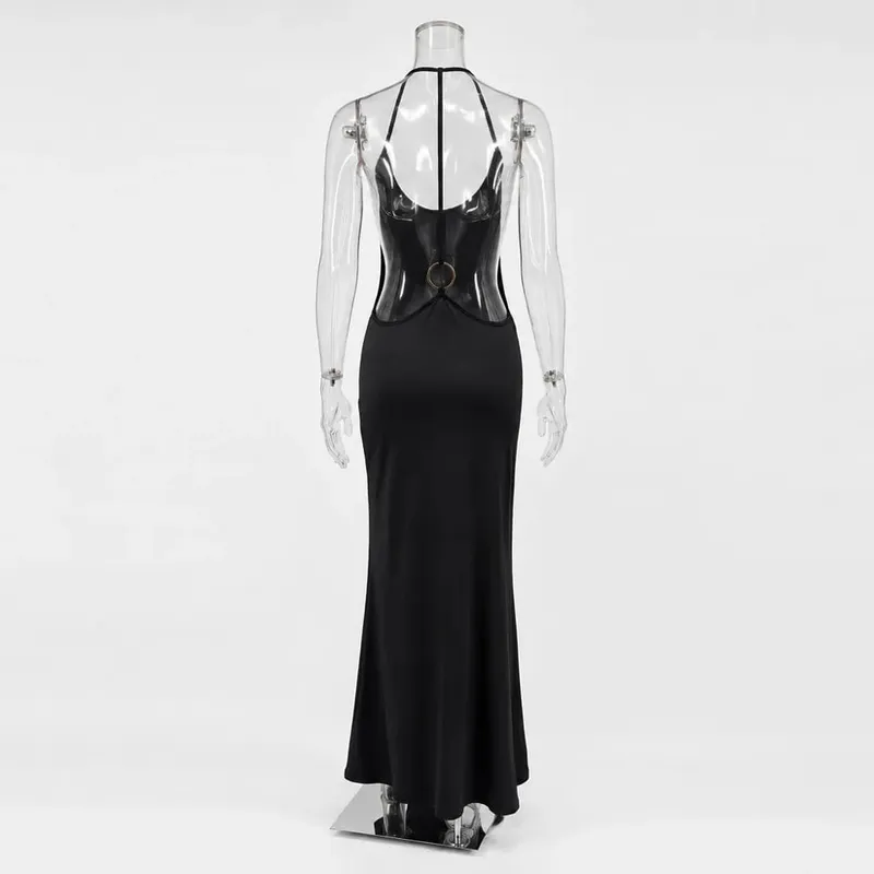 Tossy Women Halter Backless Bodycon Maxi Dress Open Back Spaghetti Strap Gold Ring Evening Party Gown Summer Beach Long Dress