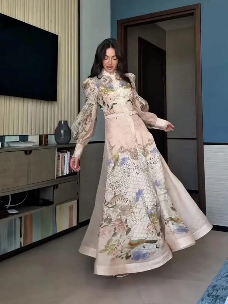 Elegant Floral Printed Women's Dress Stand Collar Full Puff Sleeve A-line Long Dresses 2026 Summer Vacation Party Lady Robes — image 4