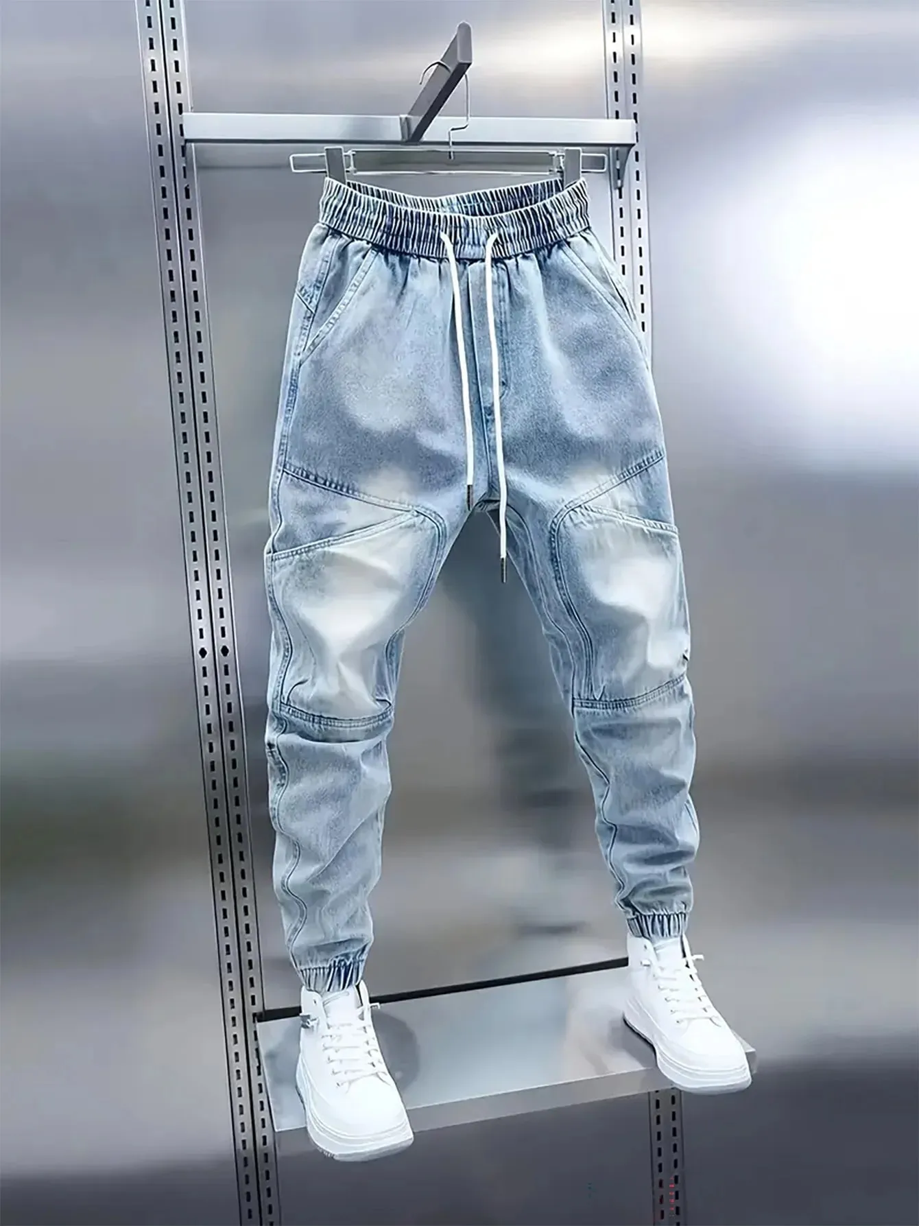 Men's New Drawstring Elastic Waist Light Blue Cuffed Baggy Jeans — image 8