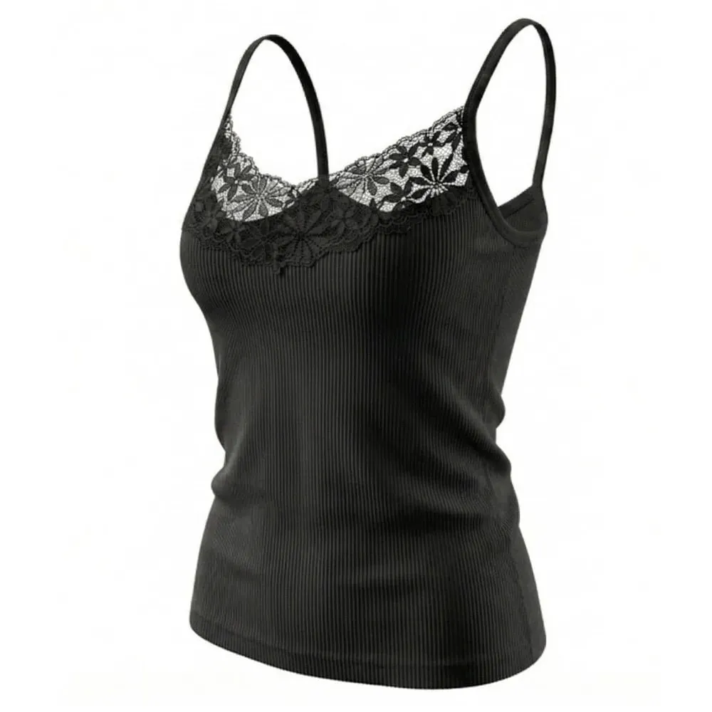 Solid Color Lace Tank Tops Ribbed Texture V Neck Design Ribbed Camisole Y2k Style Elastic Fabric Elastic Tank Tops For Women