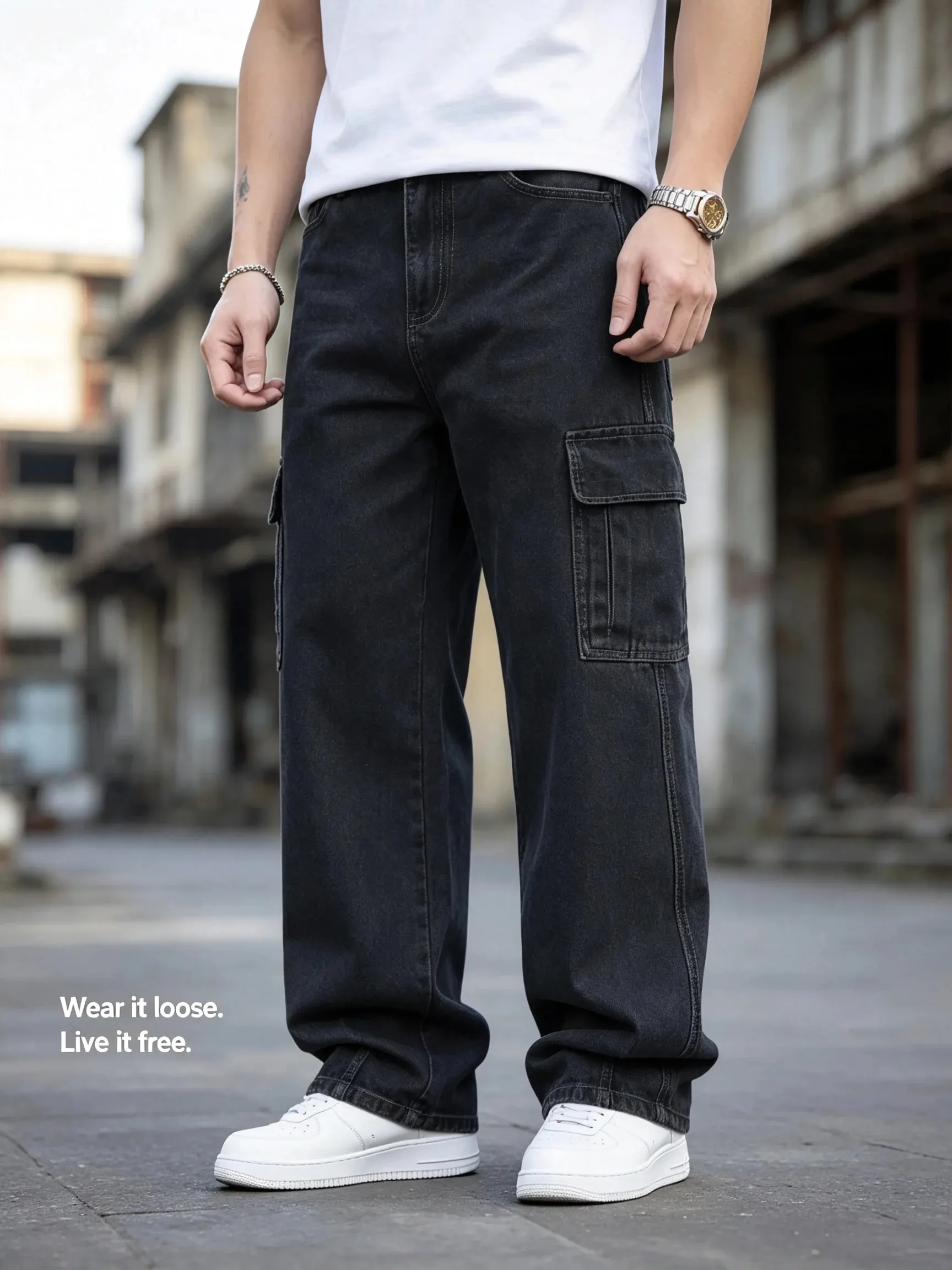 Men Baggy Cargo Jeans Retro Army Style Loose Fit Multi‑Pocket Denim Trousers Men's Casual Daily Outdoor Street Work Pants — image 3