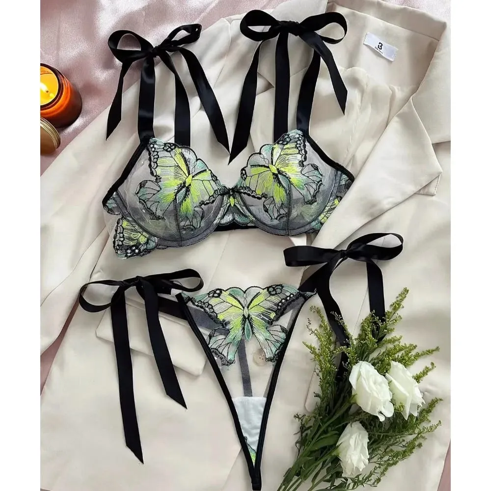 Modest Romantic Lace Butterfly Embroidery Bra Sheer Mesh Camisole Sleepwear Women Daily Wear Push Up Soft Lingerie Set 34-40 — image 1