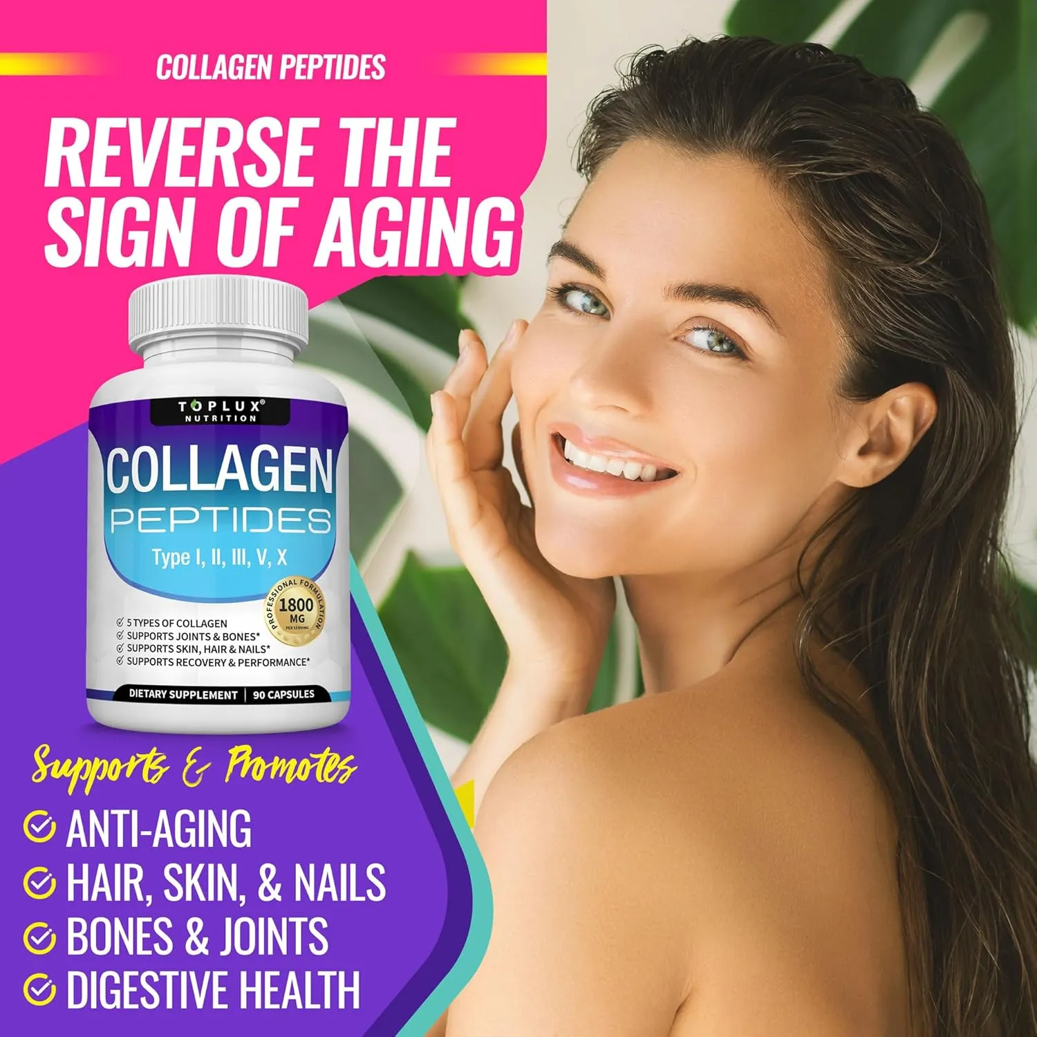 Multi Collagen Peptides Capsules 1800 mg - Hydrolyzovaný proteinový kolagenový komplex pilulky na podporu kloubů pokožky a vlasů pro muže, ženy