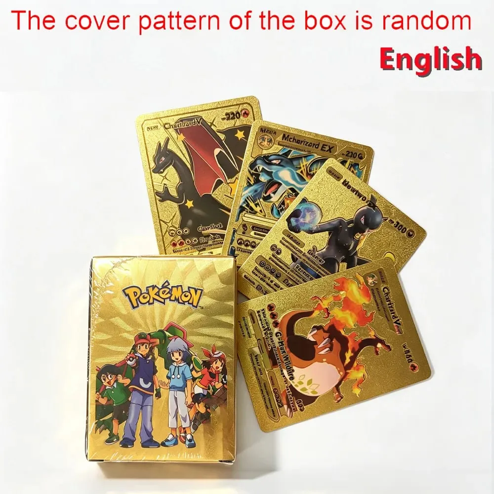 English 10-55Pcs Pokémon Gold Foil Cards Golden Letters English Game Card Charizard Vmax Gx Series Gift