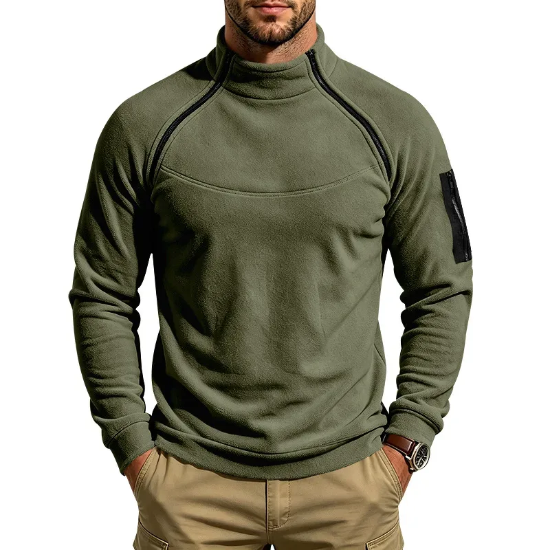 Men Fleece Stand Collar Sweatshirt Diagonal Zipper Arm Pocket Long Sleeve Loose Casual Pullover Autumn Winter Outdoor Tops — image 29