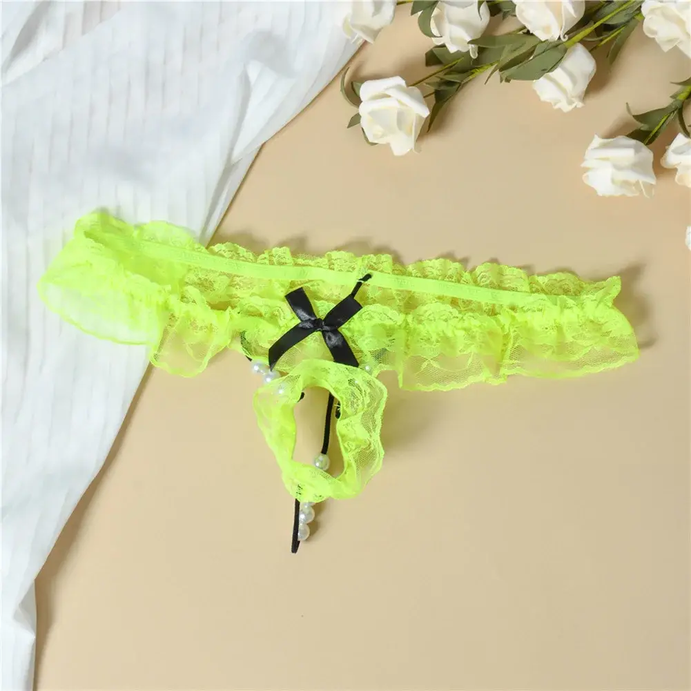 Men Lace T-Back Underwear Bow Elastic Waist G-String Pearl Lingeries For Man Sissy Panties Sexy Accessories Thongs Men's Panties — image 23